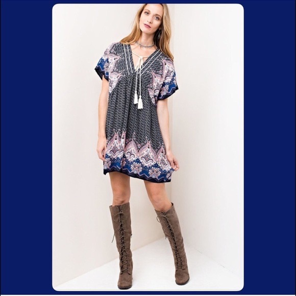 Black, White & Pink Knee Length Mixed Print Dress, Size M - Picture 2 of 10